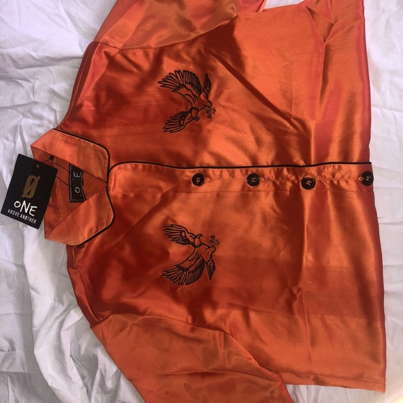 Orange silk button up with tiny black design - Picture 1 of 5